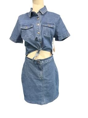 Blashe Denim Cutout Mini Dress Tie Front Two Piece Look Y2K LG NWT Western FLAW
